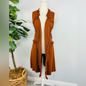 Sisters Boho Camel Toffee Brown Fringe Open Sleeves Midi Duster Cardigan